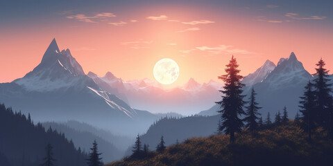 landscape with mountains and Forest Against full moon