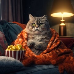 A cute cat, wrapped in a fluffy blanket, sits on the sofa and watches TV, popcorn and remote control with enthusiasm. Movie night, chilly winter evenings