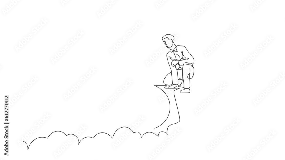 Poster animated self drawing of continuous line draw active businessman riding firework rocket through the 