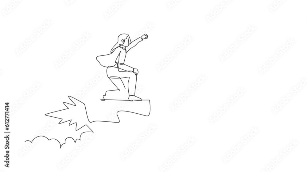 Aufkleber animated self drawing of continuous line draw of businesswoman flying high riding firework rocket. r