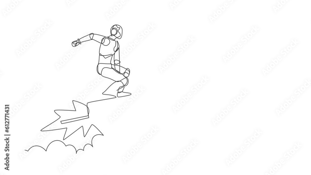 Poster self drawing animation of single line draw robot standing astride a rocket flying through the air. h