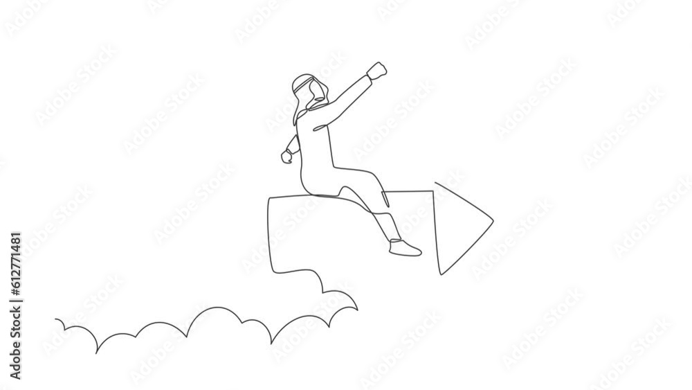 Poster animated self drawing of continuous line draw arab businessman flying high riding firework rocket. r
