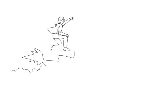Animated self drawing of continuous line draw of businesswoman flying high riding firework rocket. Ready to transformation and launching new idea startup business. Full length single line animation