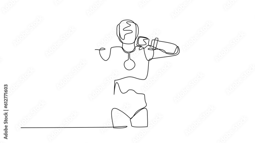 Poster animated self drawing of continuous line draw robot standing with thumb down. dislike, disagree, dis