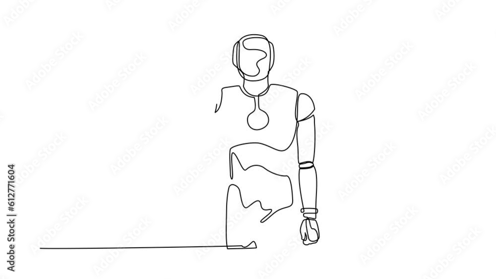 Poster animated self drawing of continuous one line draw robot standing with thumbs down. dislike, disagree