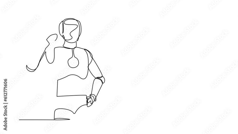Poster self drawing animation of single line draw robot standing with pointing his head, thinking something