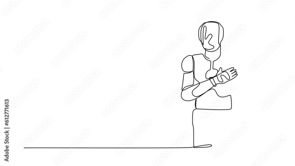 Poster self drawing animation of single line draw robot standing with keeping hands on chest. friendly expr
