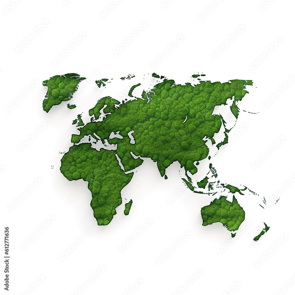 Poster green world map- 3d tree or forest shape of world map isolated on white background. world map green 