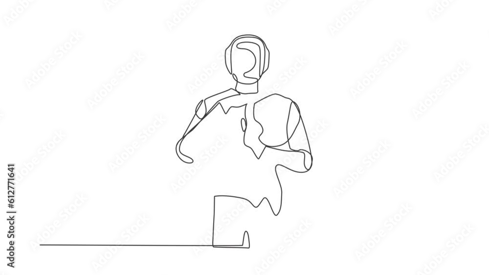 Poster animated self drawing of continuous line draw robot standing with time break, timeout signal. pause.