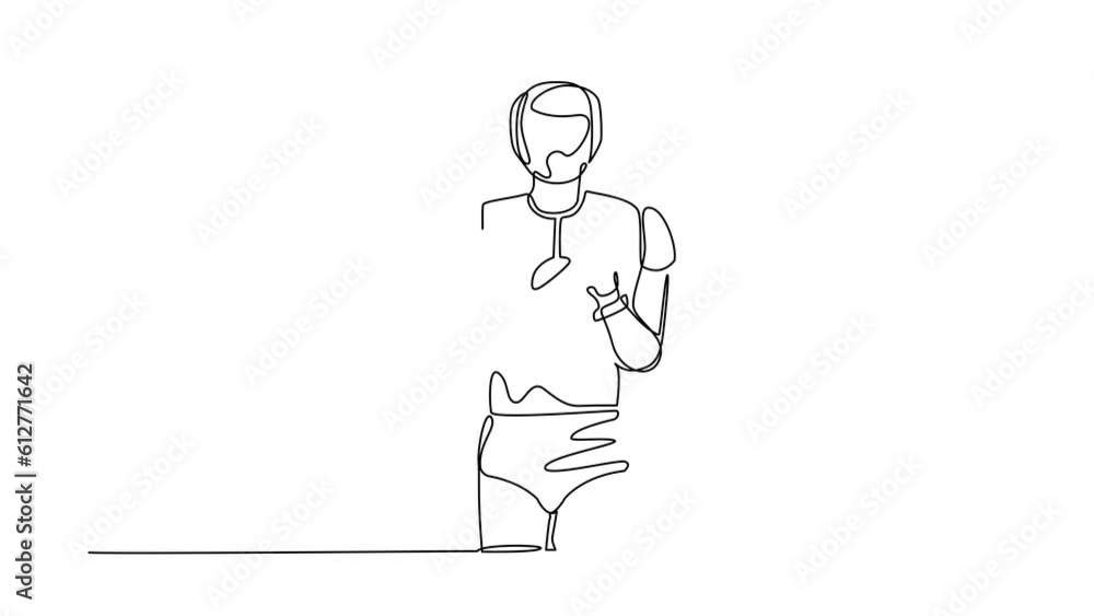 Poster animated self drawing of continuous line draw robot standing with keeping hands on chest. robot suff