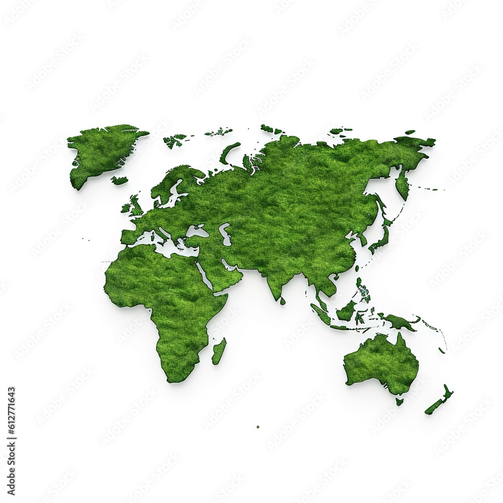 Poster green world map- 3d tree or forest shape of world map isolated on white background. world map green 