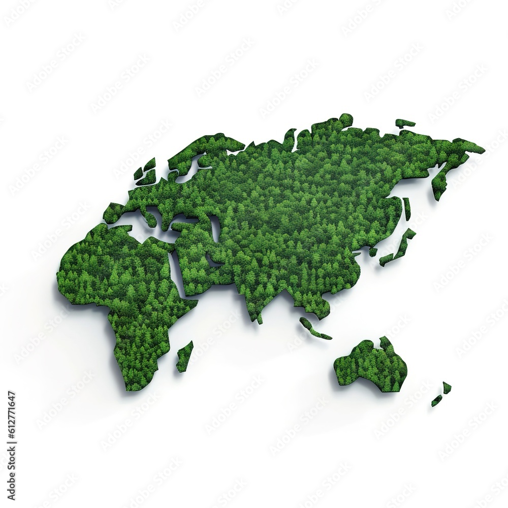 Poster green world map- 3d tree or forest shape of world map isolated on white background. world map green 