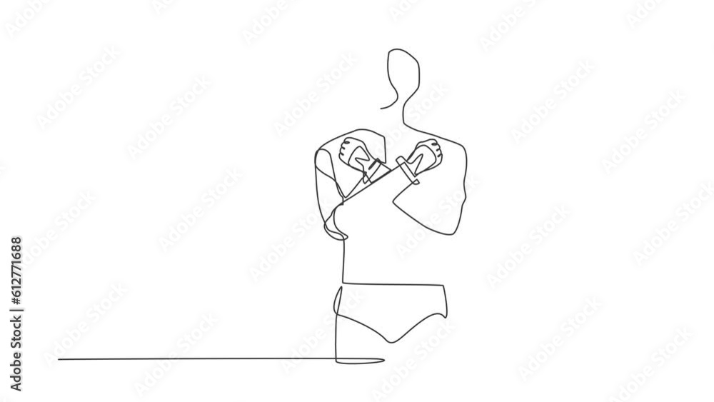 Poster animated self drawing of continuous line draw robot standing with fist clenched, arm crossed gesture