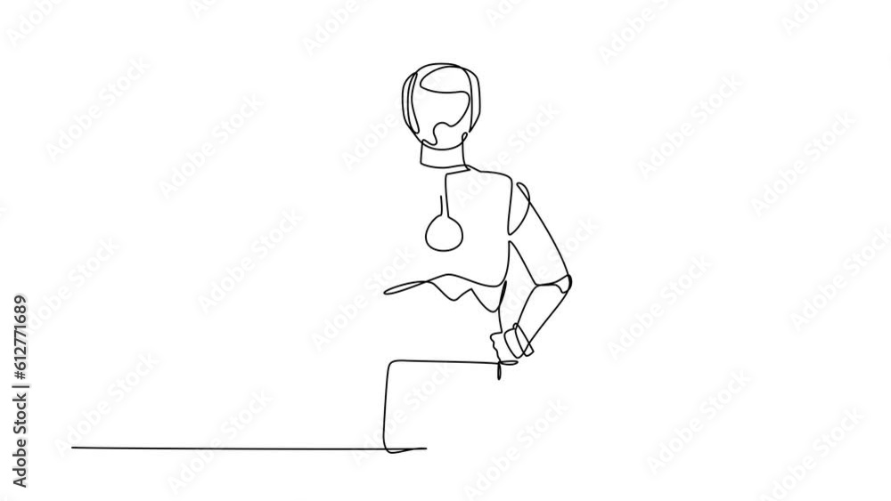 Poster animated self drawing of continuous line draw robot standing holding hand on hip. confidence cyborg.