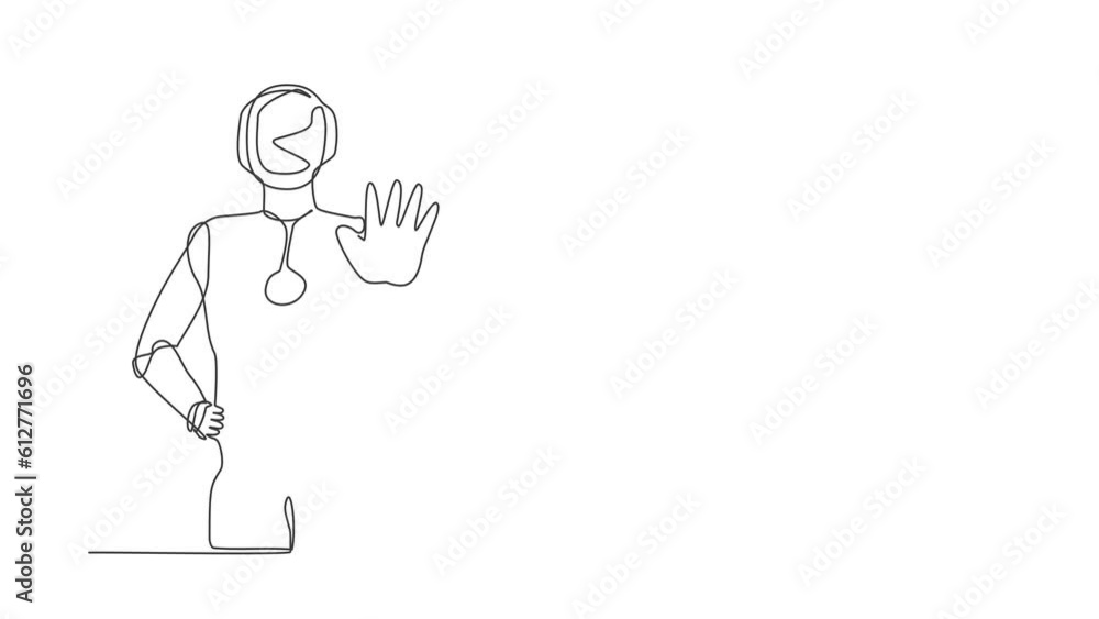 Poster self drawing animation of single line draw robot standing with palm as stop, stay, rejection gesture