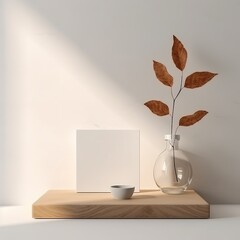 Modern, minimal square wooden podium tray on glossy white table counter, vase of tree twig, leaf shadow on wall background for luxury beauty, cosmetic, organic, nature, fashion, food product display