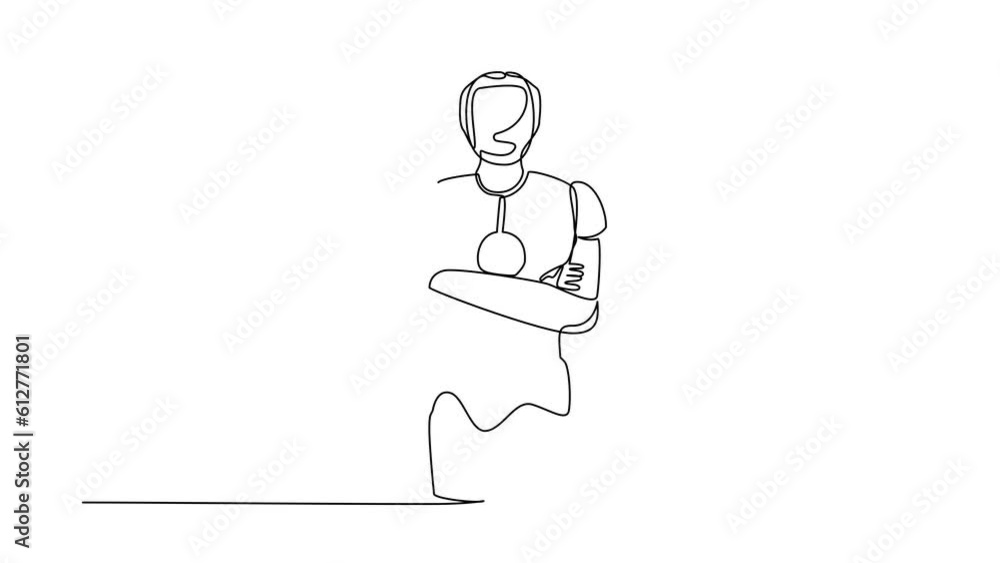 Poster self drawing animation of single line draw robot standing with folded arms pose. technology developm