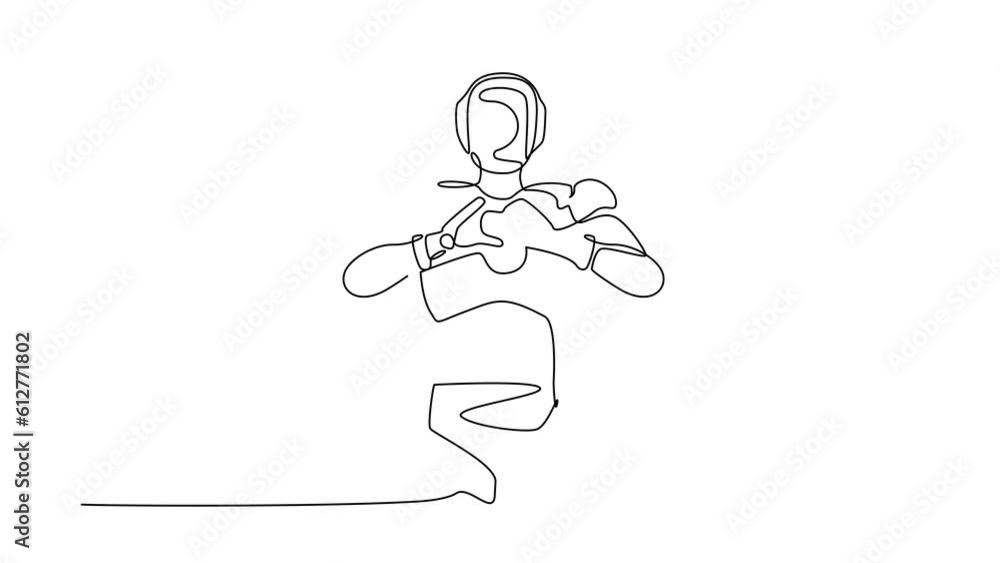 Poster animated self drawing of continuous line draw robot standing with making love sign, heart symbol in 
