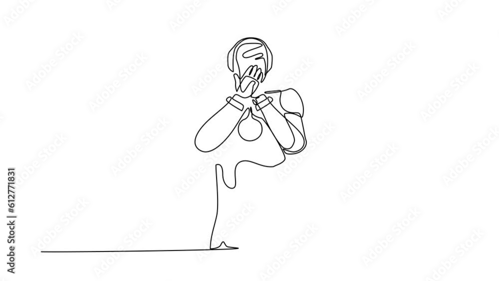 Poster self drawing animation of single line draw robot standing covering mouth with hands, shocked with sh
