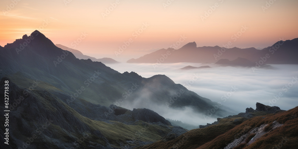 Wall mural fog in a high mountains, view from above from the top of the high mountain