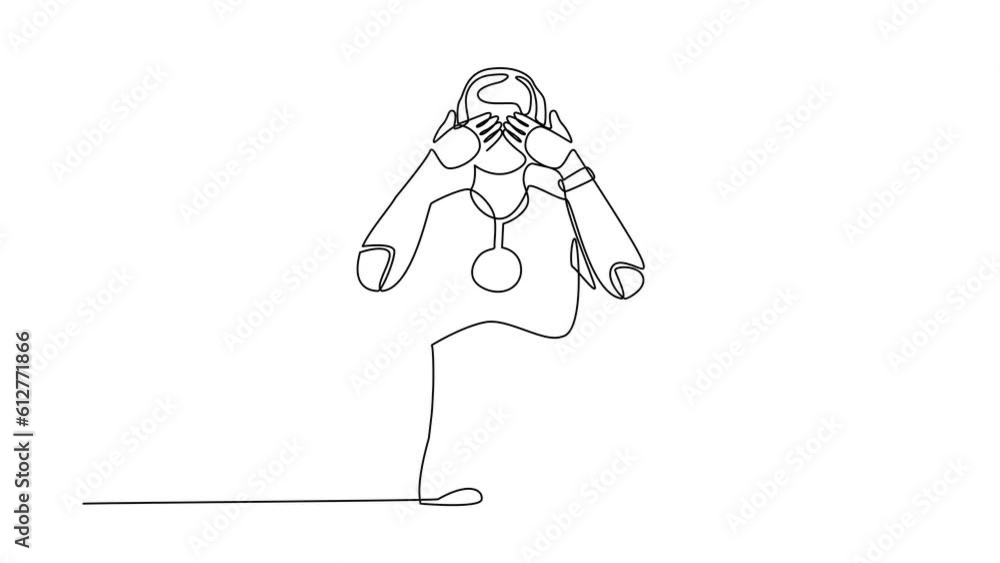Poster animated self drawing of continuous line draw robot standing with covering his eyes with hands becau