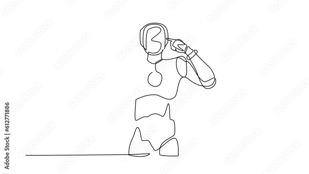 Poster animated self drawing of continuous line draw robot standing with covering ears with fingers and ann
