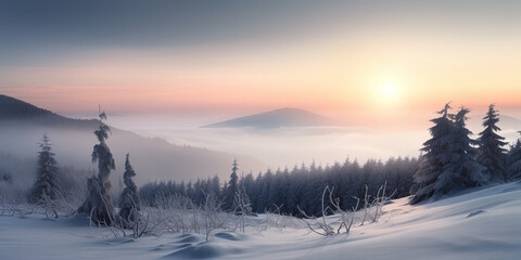 View on the snowy mountains in the Mist