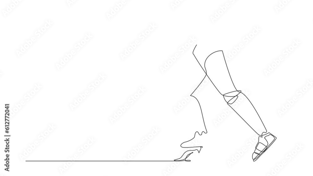 Poster animated self drawing of continuous one line draw of robot leg step on banana peel. imminent danger,