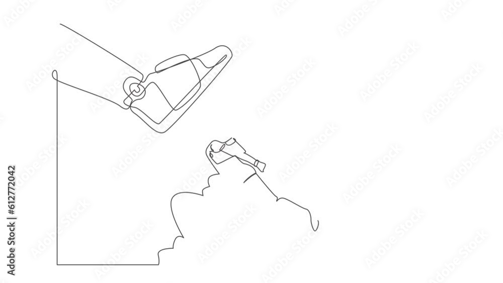 Poster animated self drawing of continuous line draw robot flying with jetpack against giant shoes stomping