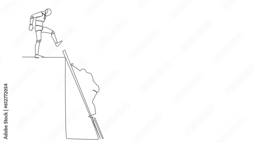 Poster animated self drawing of continuous line draw robot kicking to make rival falling down from top ladd