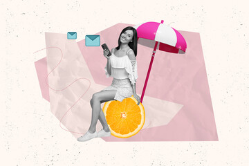 Creative composite collage photo of satisfied cheerful woman sit on lemon under umbrella hold...