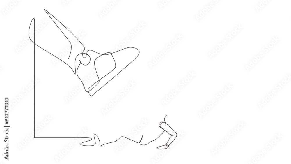 Poster animated self drawing of continuous line draw robot under giant foot. big boss foot in shoe going to