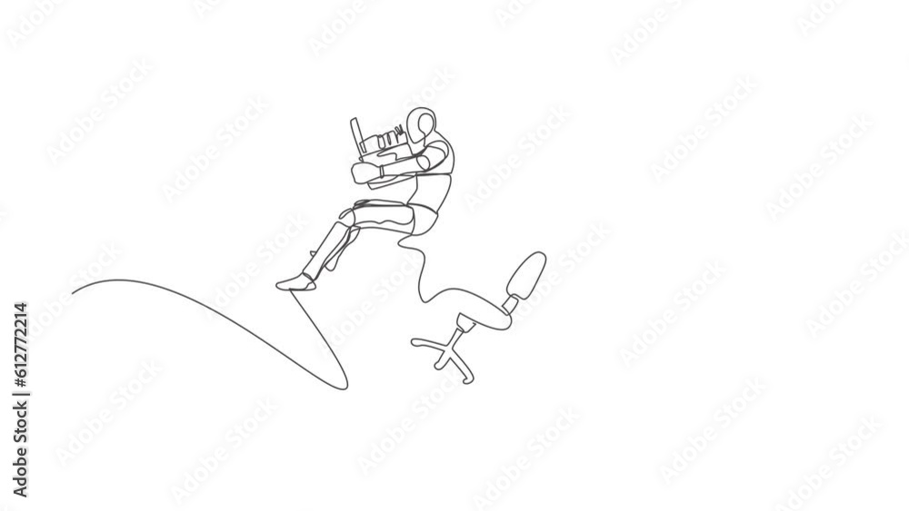 Poster animated self drawing of continuous line draw robot kicked out of work with office supplies. tech re