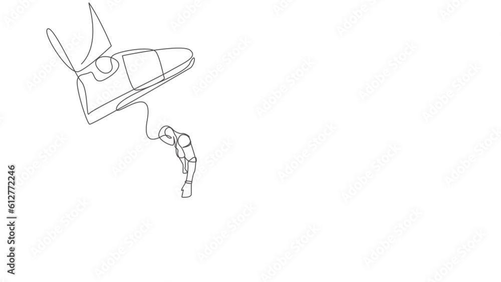 Poster self drawing animation of single line draw robot standing weak under boot shoe, being fired from com