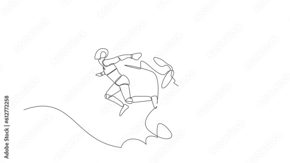 Poster animated self drawing of continuous line draw small robot kicked out by big foot. robot kicked away 