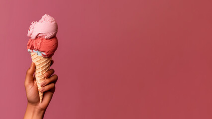 Hand holding Ice Cream Cone with Strawberry Ice cream in a waffle cone isolated on a pink background