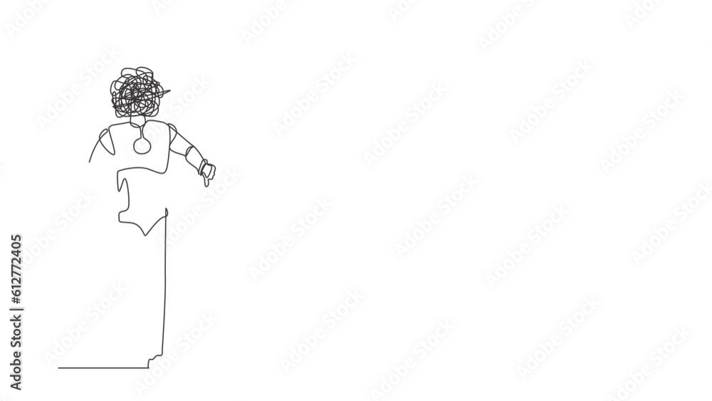 Poster animated self drawing of continuous line draw robot with round scribbles instead of head, showing th