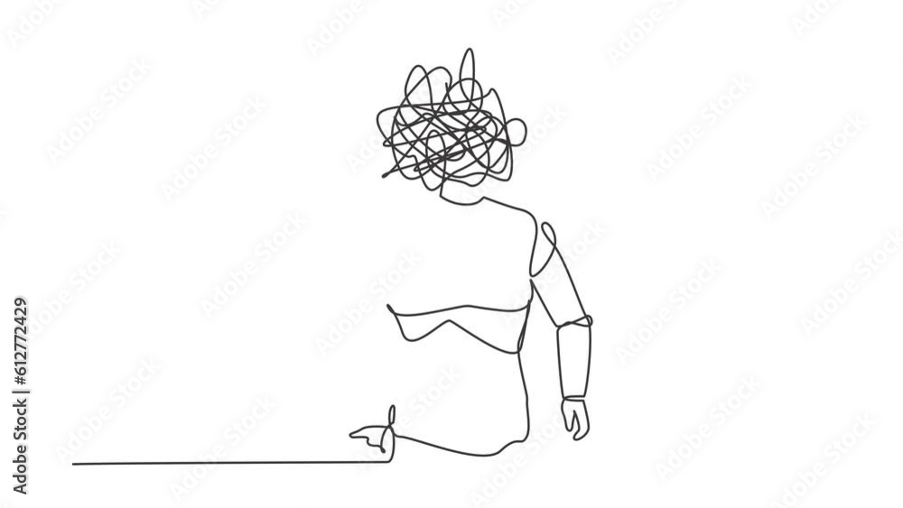 Poster self drawing animation of single line draw robot with round scribbles instead of head. robot with po