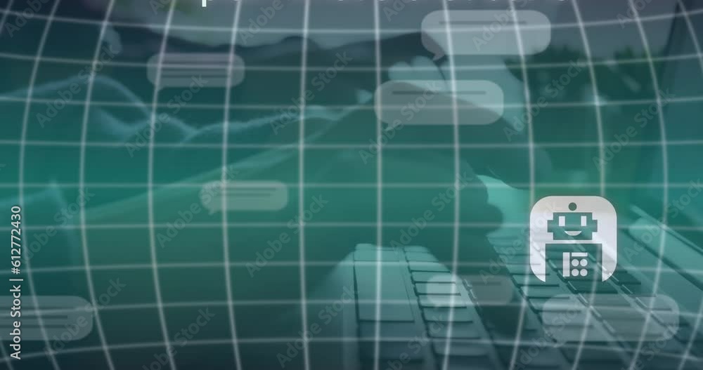 Poster animation of ai data processing with chat icons and diverse businesspeople with computers