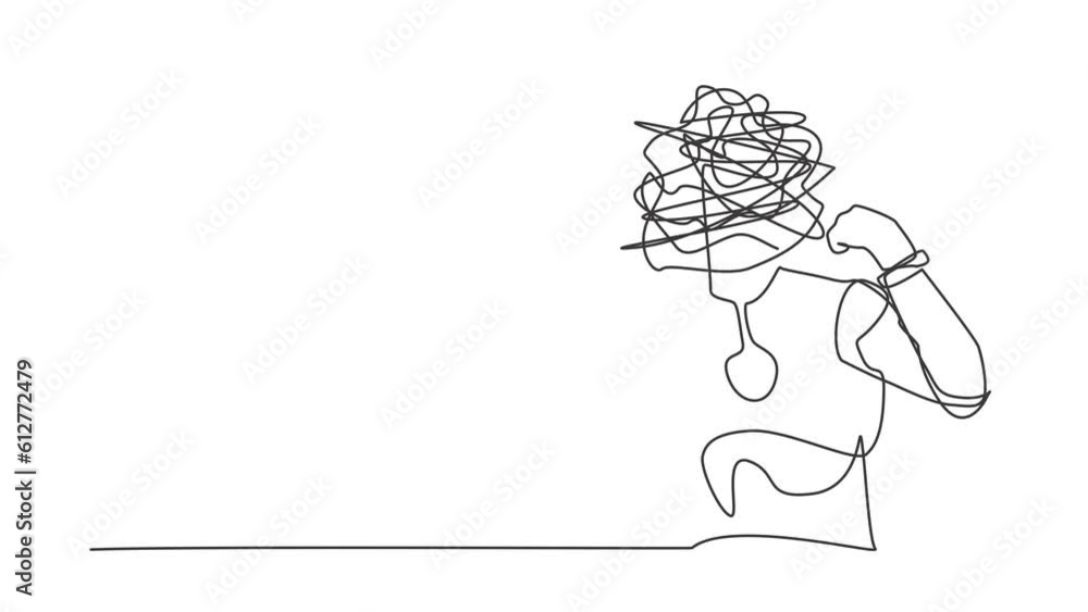 Poster self drawing animation of single line draw robot with round scribbles instead of head, standing show