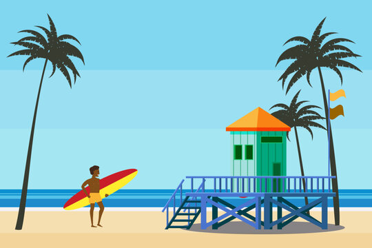 Lifeguard Tower on the beach palms, surfer, coast ocean, sea. Summer tropical landscape, vector