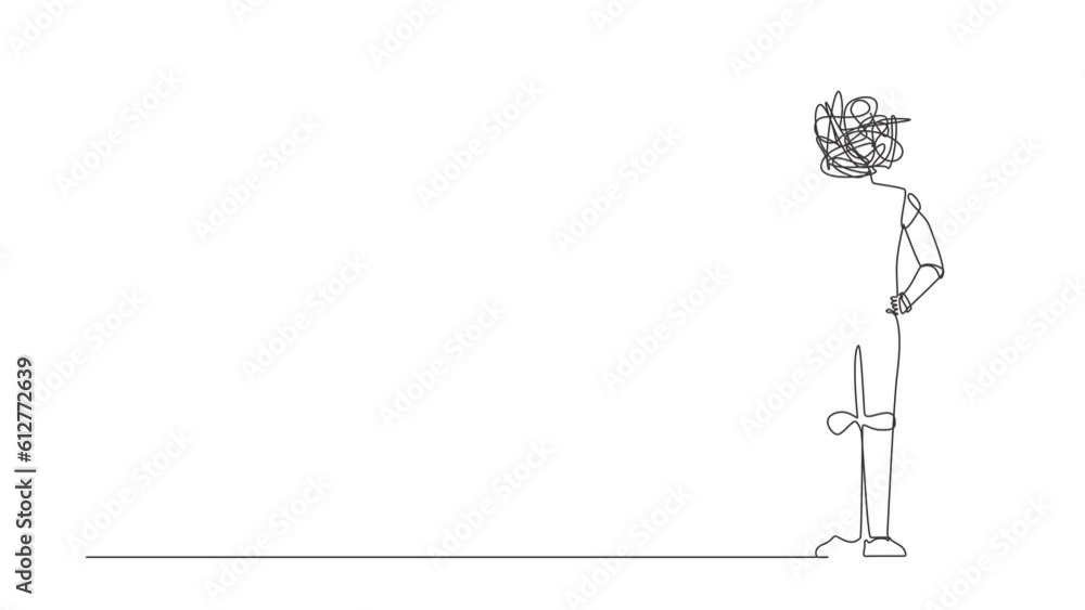 Poster animated self drawing of continuous line draw robot with round scribbles instead of head, index fing