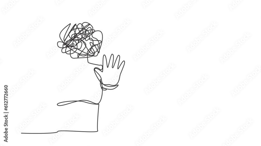 Poster animated self drawing of continuous one line draw robot with round scribbles instead of head, making