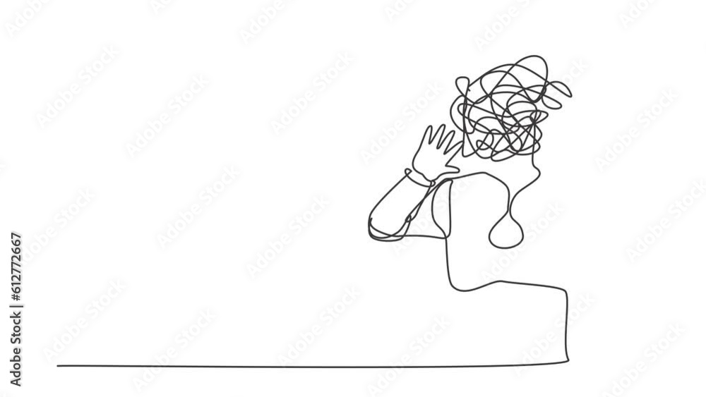 Poster animated self drawing of continuous line draw robot with round scribble instead of head, shocked, af