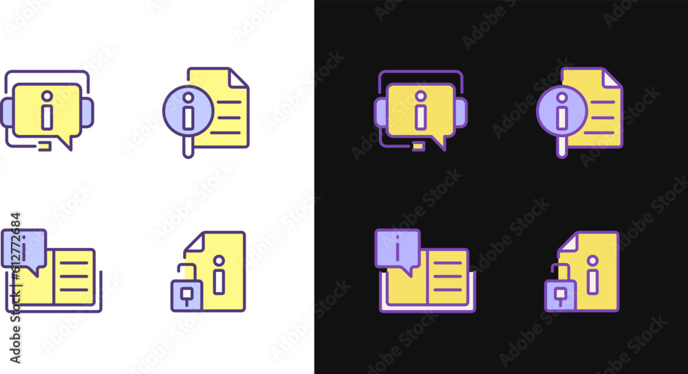 Poster client information support pixel perfect light and dark theme color icons set. open list of typicall
