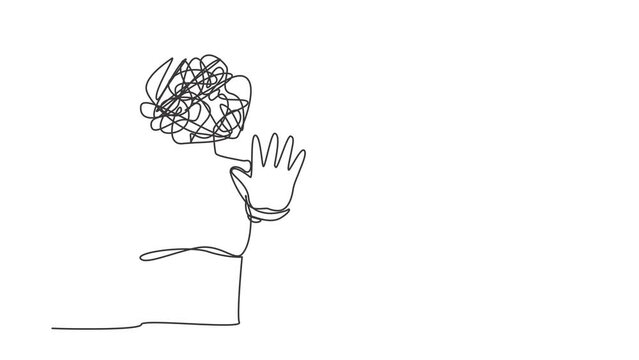 Animated self drawing of continuous one line draw robot with round scribbles instead of head, making stop gesture with hand, no. Humanoid robot cybernetic organism. Full length single line animation