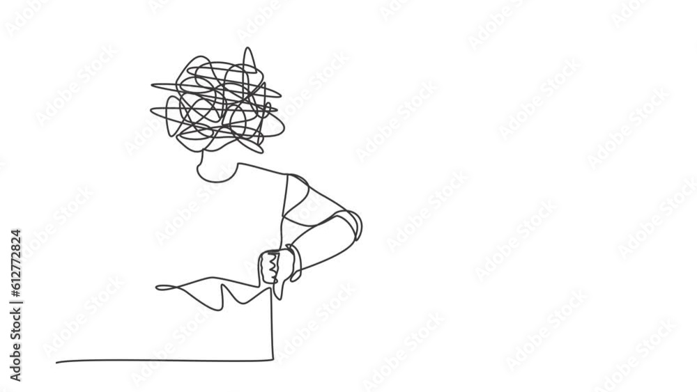 Poster self drawing animation of single line draw robot with round scribbles instead of head, showing thumb