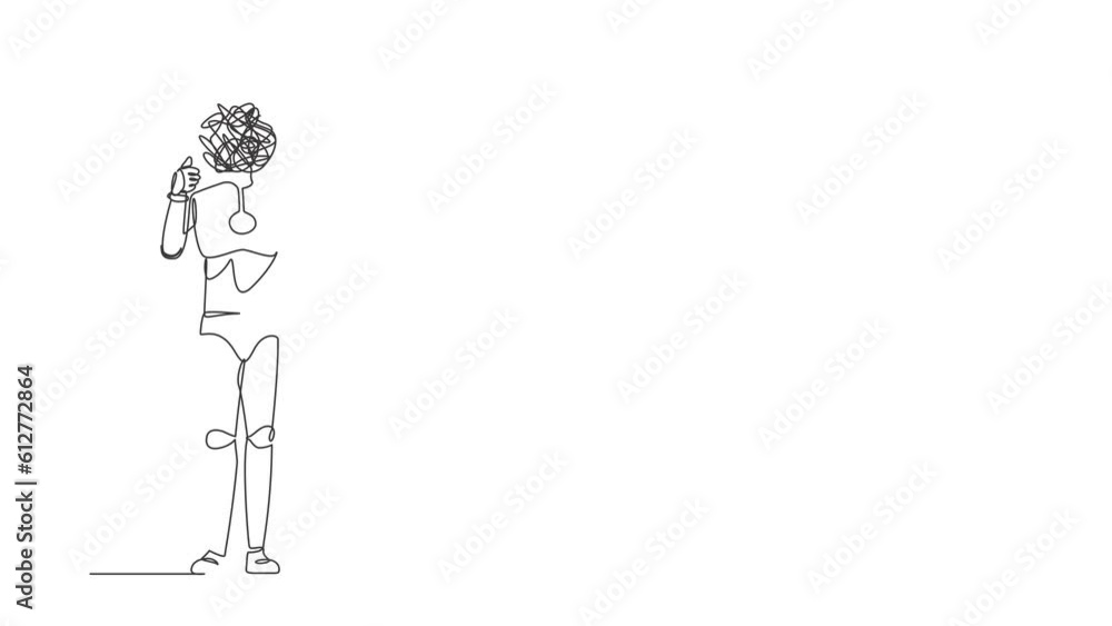 Poster animated self drawing of continuous line draw robot with round scribbles instead of head. confused r