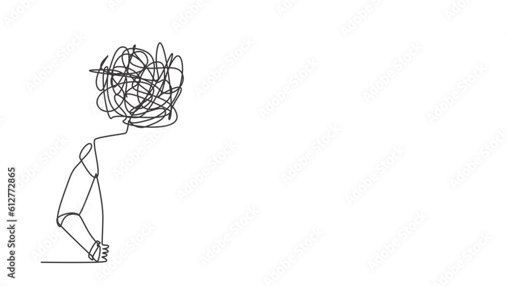 Poster animated self drawing of continuous line draw robot with round scribbles instead of head, showing in