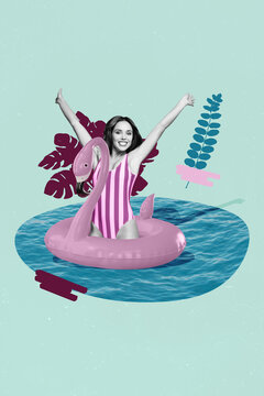 Vertical collage image of excited black white colors girl flamingo inflatable ring swim isolated on turquoise background